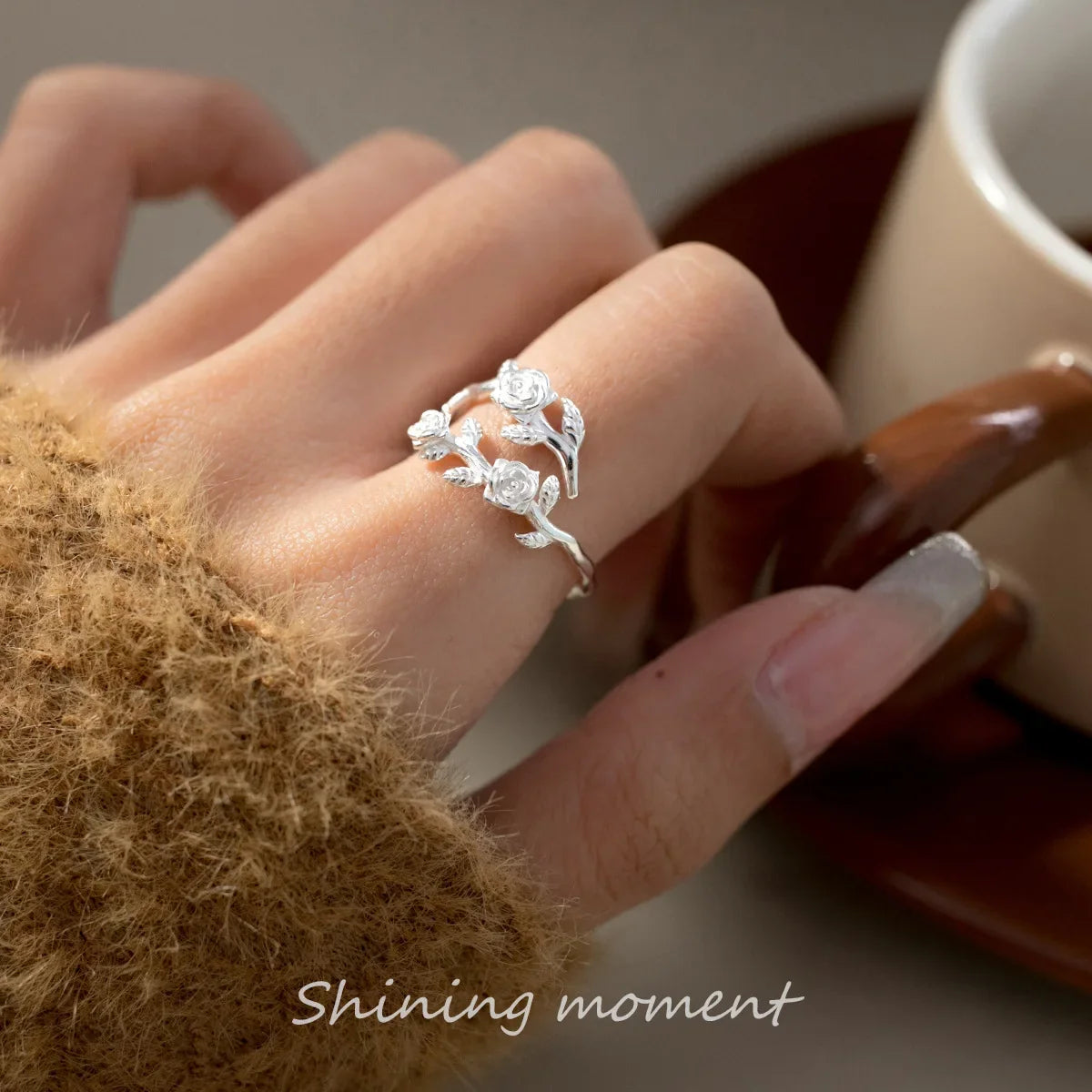 925 Sterling Silver Roses Branch Adjustable Rings For Women Engagement Wedding Female Luxury Jewelry Accessories Jewellery Vera Lux