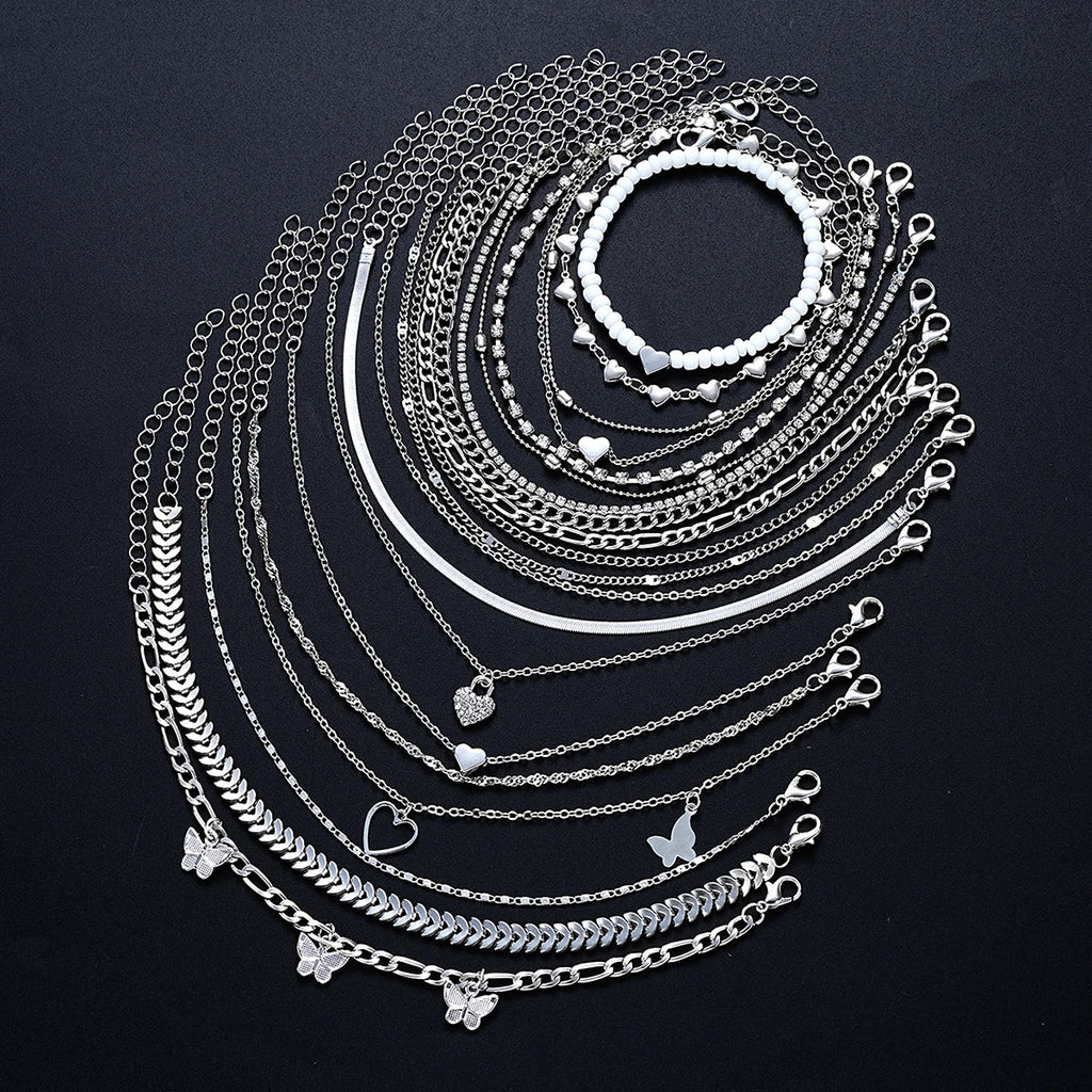 19Pcs/Set New Design Silver Color Anklet Sets for Women Fashion Pearl Butterfly Heart Crystal Foot Chain Versatile Daily Jewelry Vera Lux