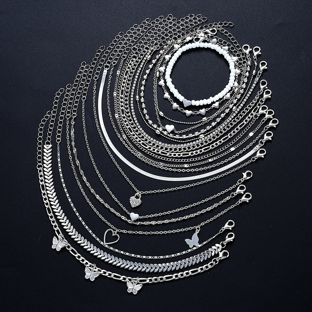 19Pcs/Set New Design Silver Color Anklet Sets for Women Fashion Pearl Butterfly Heart Crystal Foot Chain Versatile Daily Jewelry Vera Lux