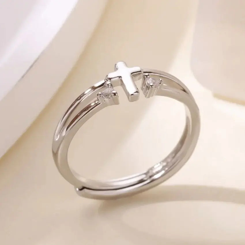 Zircon Cross Rings For Women Gold Color Stainless Steel Crystal Cross Adjustable Ring Religious Wedding Christmas Jewelry Gift Vera Lux