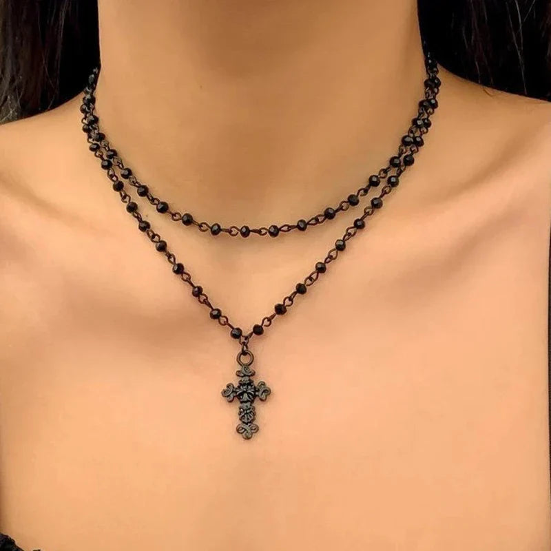 2Pcs/Pack necklace Set cross Crystal Necklace Female Retro Sweet Cool Style Double Layer Pendant Collarbone Chain Jewelry Vera Lux