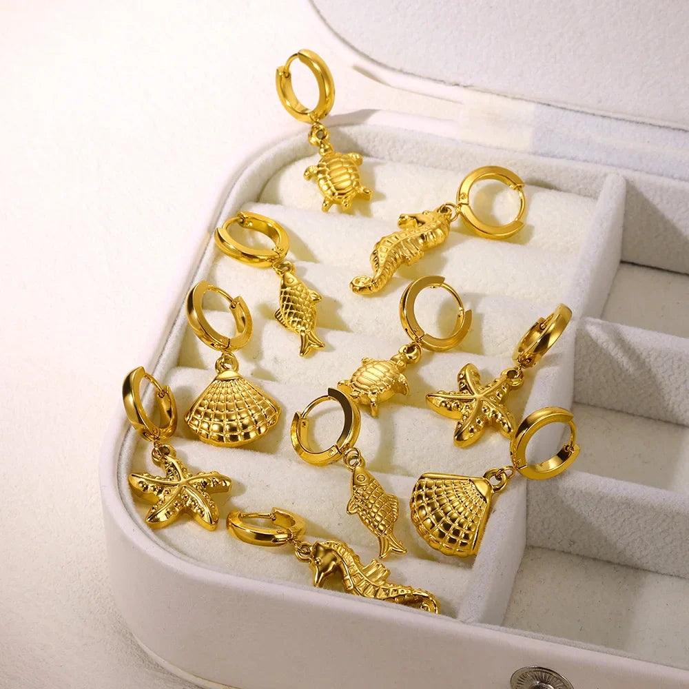 Freshwater Ocean Starfish Shell Hoop Earrings For Women Elegant Stainless Steel Gold Color Aretes Christmas jewelry accessories Vera Lux