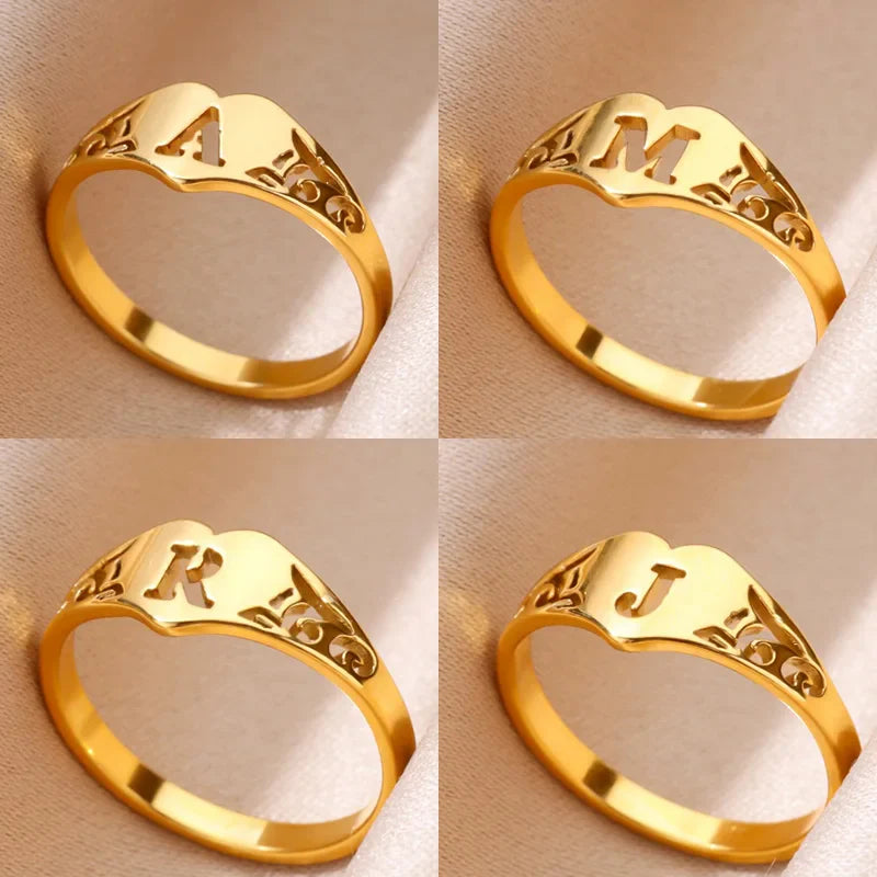 Fashion Hollow Initial Letter Heart Rings For Women Gold Color Stainless Steel A-Z Letter Ring Aesthetic Wedding Jewelry Gift Vera Lux
