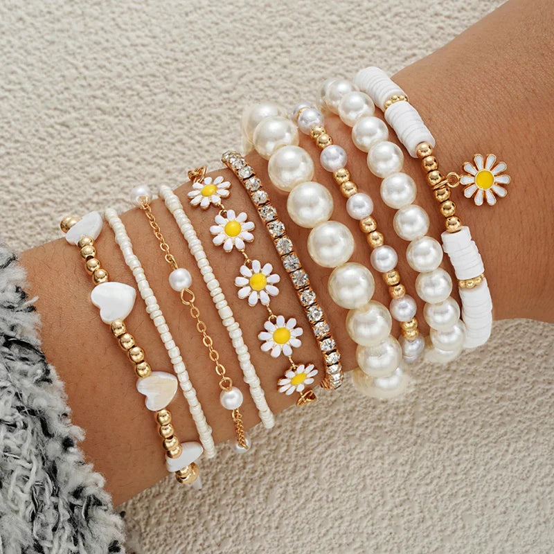 New 10 Pcs Vintage Bohemian Bracelet Set for Women Daisy Flower Pendant Beaded Star Heart Pearl Bangles 2024 Trendy Jewelry Gift Vera Lux