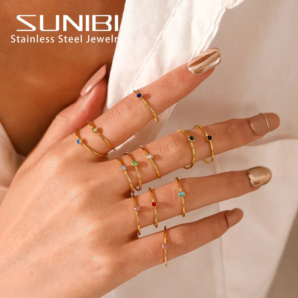 SUNIBI Stainless Steel Birthstone Ring for Woman Gold Color Simple Style Ring Festival Party Fashion Jewelry Dropshipping Vera Lux