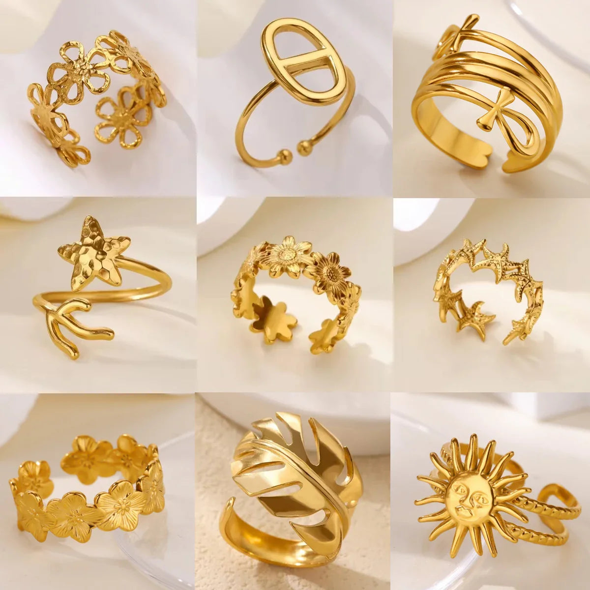 Gold Color Anillos Stacked Multiple Flowers Rings Elegant Women Stainless Steel Shell New Ring Jewelry Wedding Birthday Dainty Vera Lux