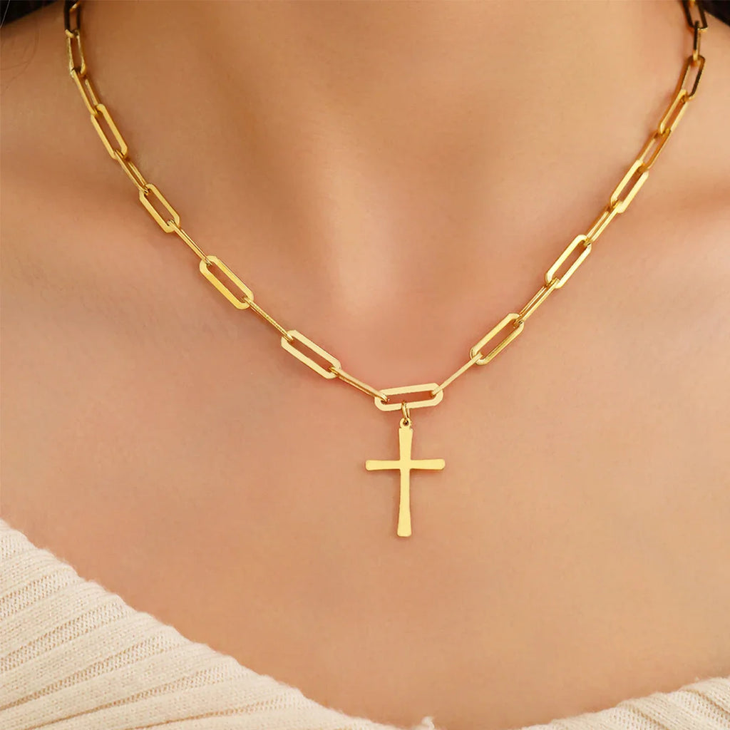 Cross Gold Color Pendant Necklaces for Women Stainless Steel Christian Jewelry Long Chain Necklace Gift Vera Lux