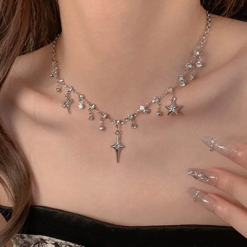 Kpop Star Pendent Necklace for Women Punk Simple Zircon Tassel Clavicle Chain Choker Elegent Party Gift Jewelry Girl Vera Lux