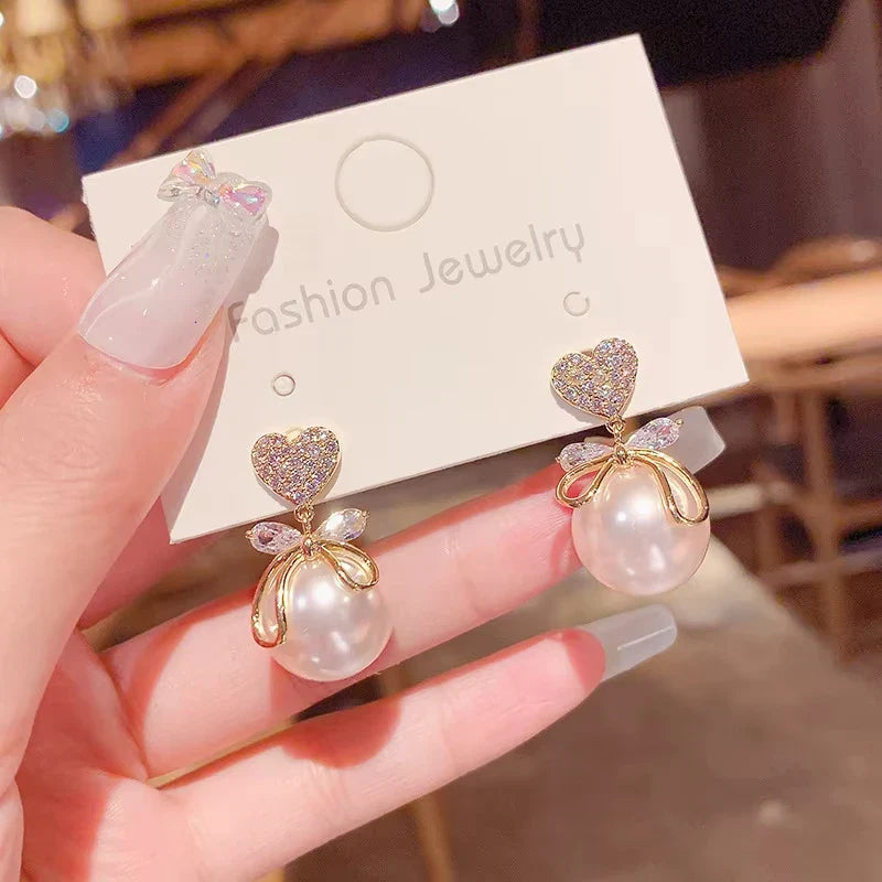 Korean Heart Drop Earrings For Women Girl Romantic Valentine's Day Gift Fashion Jewelry Trend Hanging Pearl Cute Bowknot Earring Vera Lux