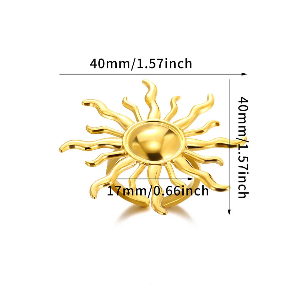 Exaggerated Sun Rings For Women Gold Color Stainless Steel Sun Adjustable Ring Fashion Anniversary Party Lucky Jewelry Gift Vera Lux