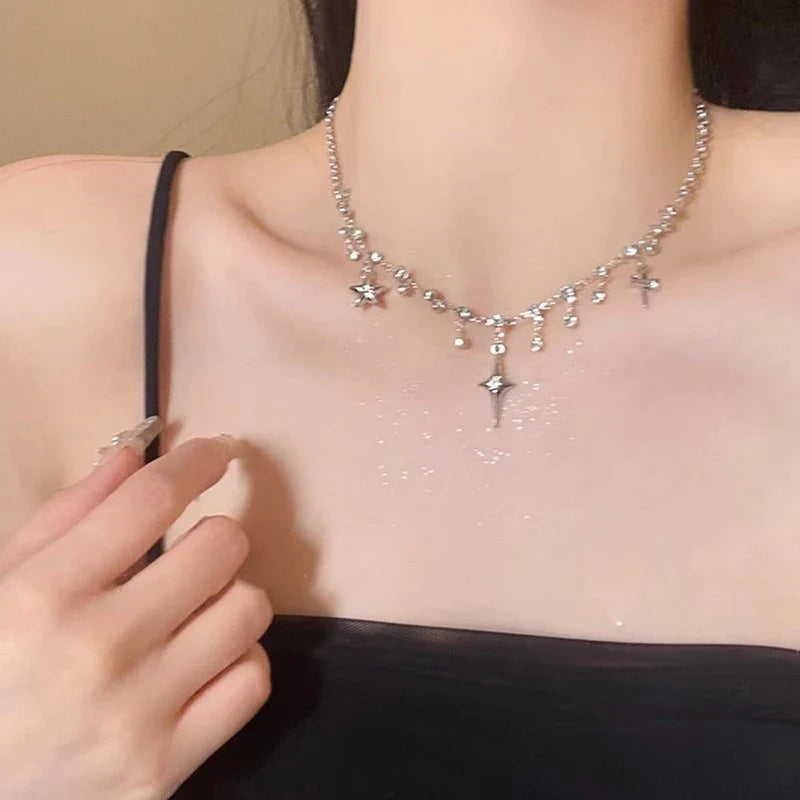 Kpop Star Pendent Necklace for Women Punk Simple Zircon Tassel Clavicle Chain Choker Elegent Party Gift Jewelry Girl Vera Lux