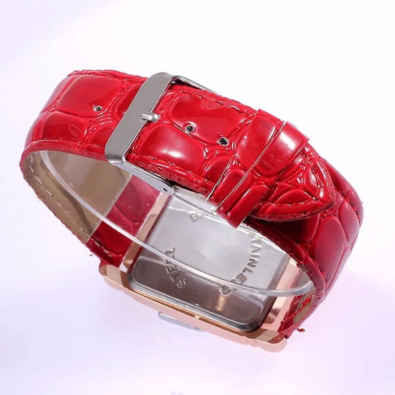 Fashion Women Watches Luxury Metal Rose Gold Square Ladies Quartz Wristwatch Rectangle Red Leather Female Clock Vera Lux