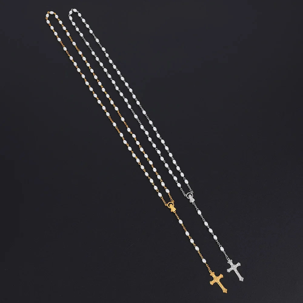 White Oval Pearl Rosary Necklace For Women Catholic Religious Crucifix Cross Pendant Gold Silver Color Chain Men Prayer Jewelry Vera Lux