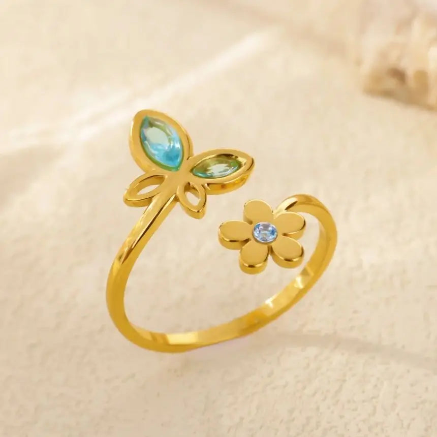 Elegant Zircon Flower Butterfly Rings For Women Gold Color Stainless Steel Flower Adjustable Ring Wedding Christmas Jewelry Gift Vera Lux