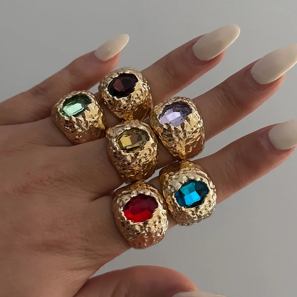 LATS Vintage Punk Inlaid Rhinestone Rings for Women Geometric Exaggerated Personalized Liquid Glossy Light Luxury  Jewelry Vera Lux