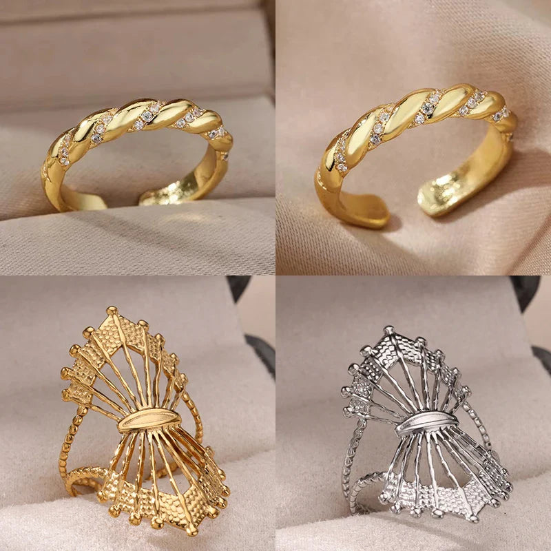 Zircon Twisted Rings For Women Punk Stainless Steel Gold Color Open Ring Geometric Finger Ring Hip Hop Charm Jewelry Gift Vera Lux