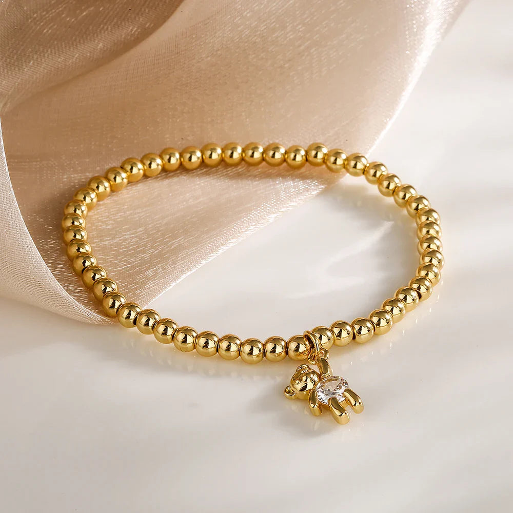 NEWBUY Trendy Gold Color Copper Beads Bracelets For Women White/Pink/Purple CZ Cute Bear Jewelry Vera Lux