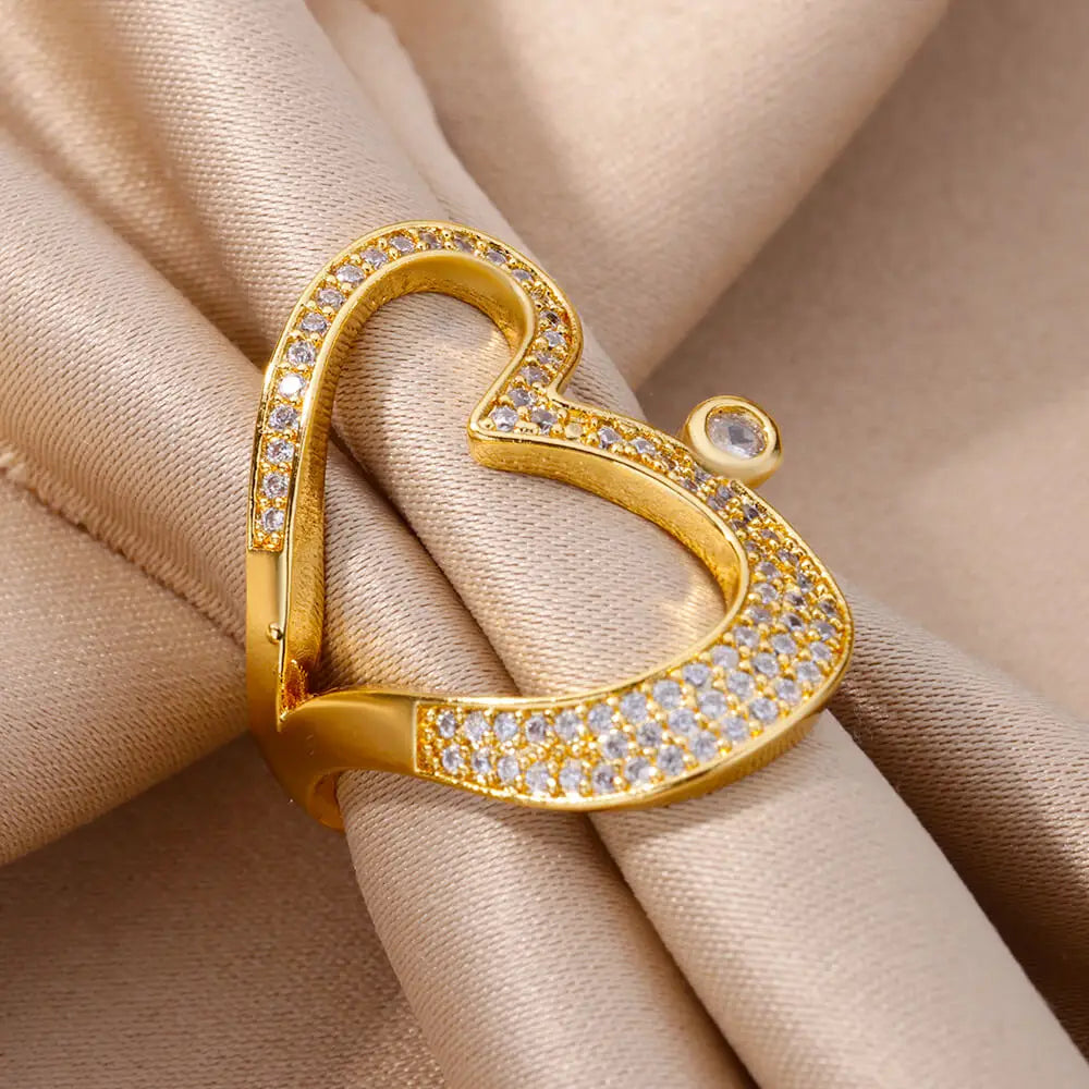 Stainless Steel Heart Rings For Women Gold Color CZ Crystal Zircon Open Finger Ring Wedding Aesthetic Jewerly Gift anillos Vera Lux