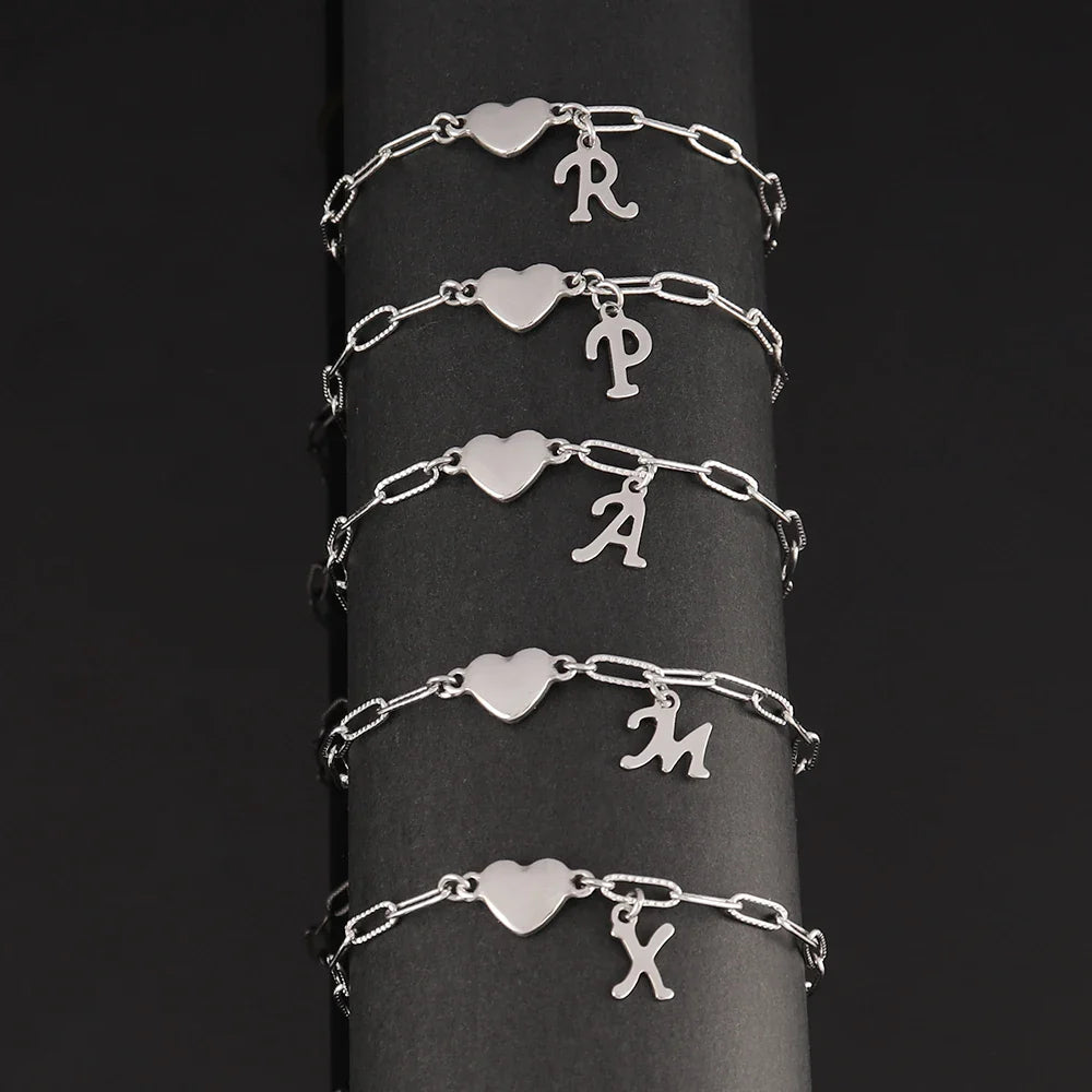 Stainless Steel 26 Letters English Initial Letter Heart Bracelet DIY Personalized Name Bracelets Women Anniversary Jewelry Gifts Vera Lux