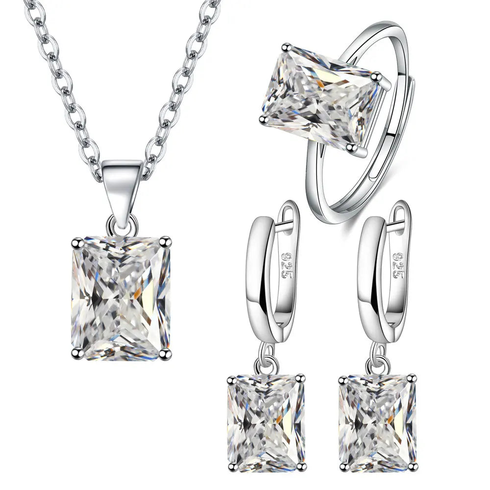 925 Sterling Silver  Elegant Jewelry Sets Ring Earrings Necklace For Women Rectangle Geometry Zircon Wedding Accessories Vera Lux