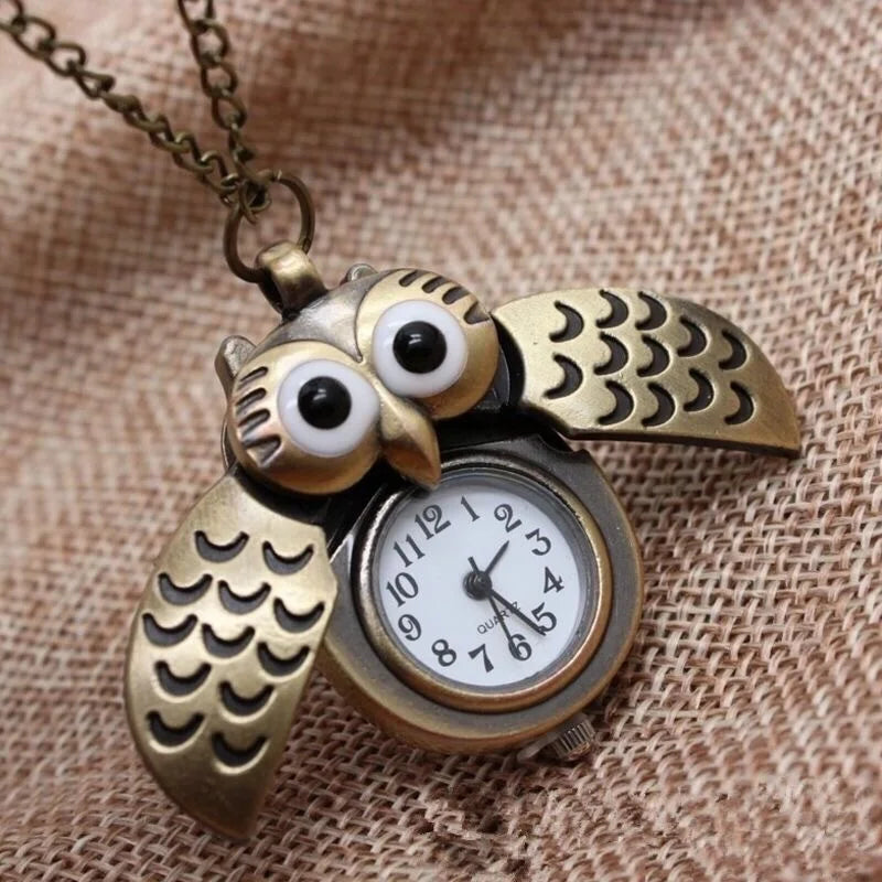 Fashion Vintage Men Women Alloy Retro Owl Shape Clock Pendant Long Necklace Chain Watches Birthday Gifts Vera Lux
