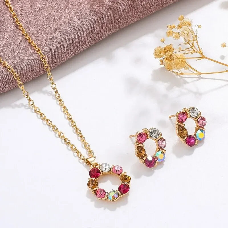 3pcs Gold Necklace Earrings Set Ladies Celebrity Simple Fashion Style Exquisite Stained Glass Diamond Circle Shape Jewelry Vera Lux