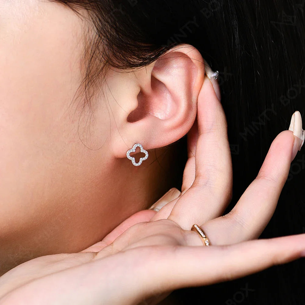 MINTYBOX S925 Sterling Silver Moissanite Diamond Stud Earrings for Women Clover 18k White Gold Plated Flower Wedding Fine Jewelr Vera Lux