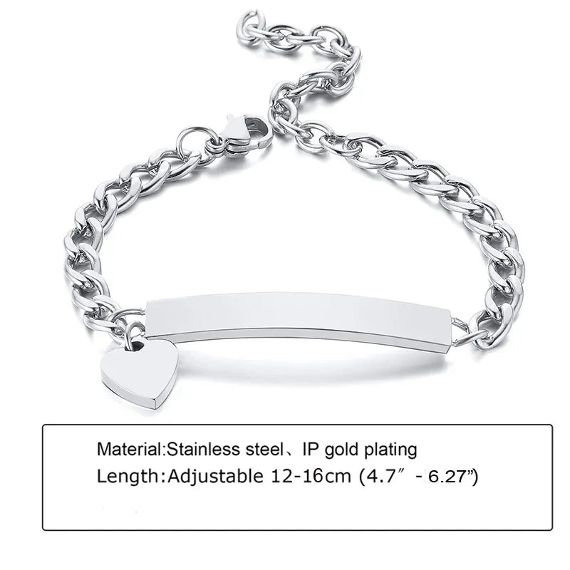 Custom Personalized Name ID Bracelet Gilrs Boy Gifts, Stainless Steel Curb Chain Link Crown Bracelet Not Allergic Vera Lux