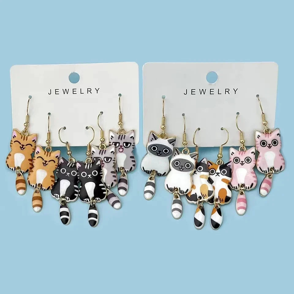 3 Pairs New Fun and Cute Enamel Alloy Hanging Tail Cat Dangle Earrings Colored Cat Ear Jewelry Set Lovely Gift For Women Girls Vera Lux