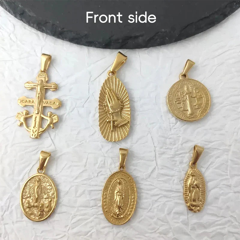 Virgin Mary Saint Michael Cross Prayer Pendant Necklace Gold Stainless Steel Religious Pendants Catholic Women/Men Jewelry Vera Lux