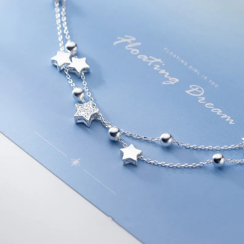 VENTFILLE 925 Stamp Silver Color Star Bracelet Fashion Korean Five-pointed Stars Crystal Double Bracelet Dropshipping Wholesale Vera Lux