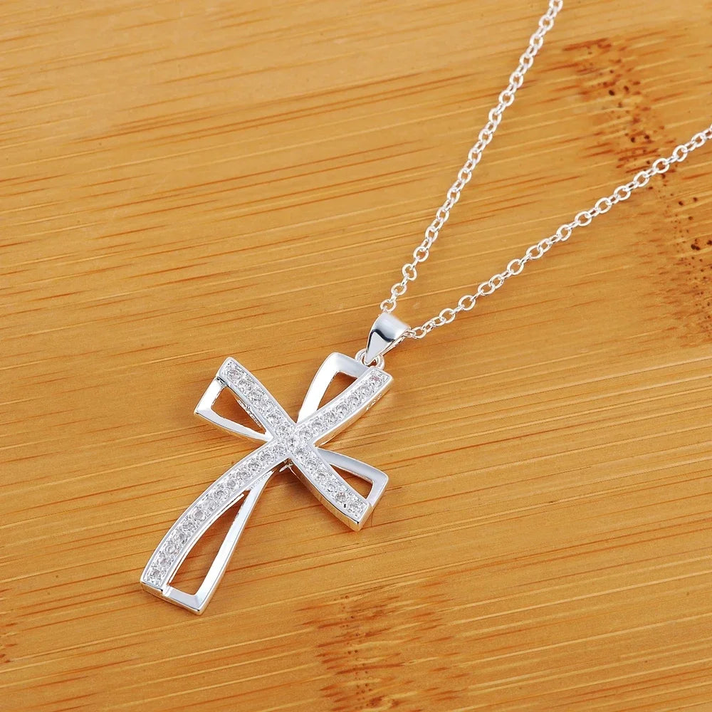 Promotions 45cm 925 sterling silver necklace charm for women cyrstal Cross pendant chain jewelry fashion cute wedding party Vera Lux