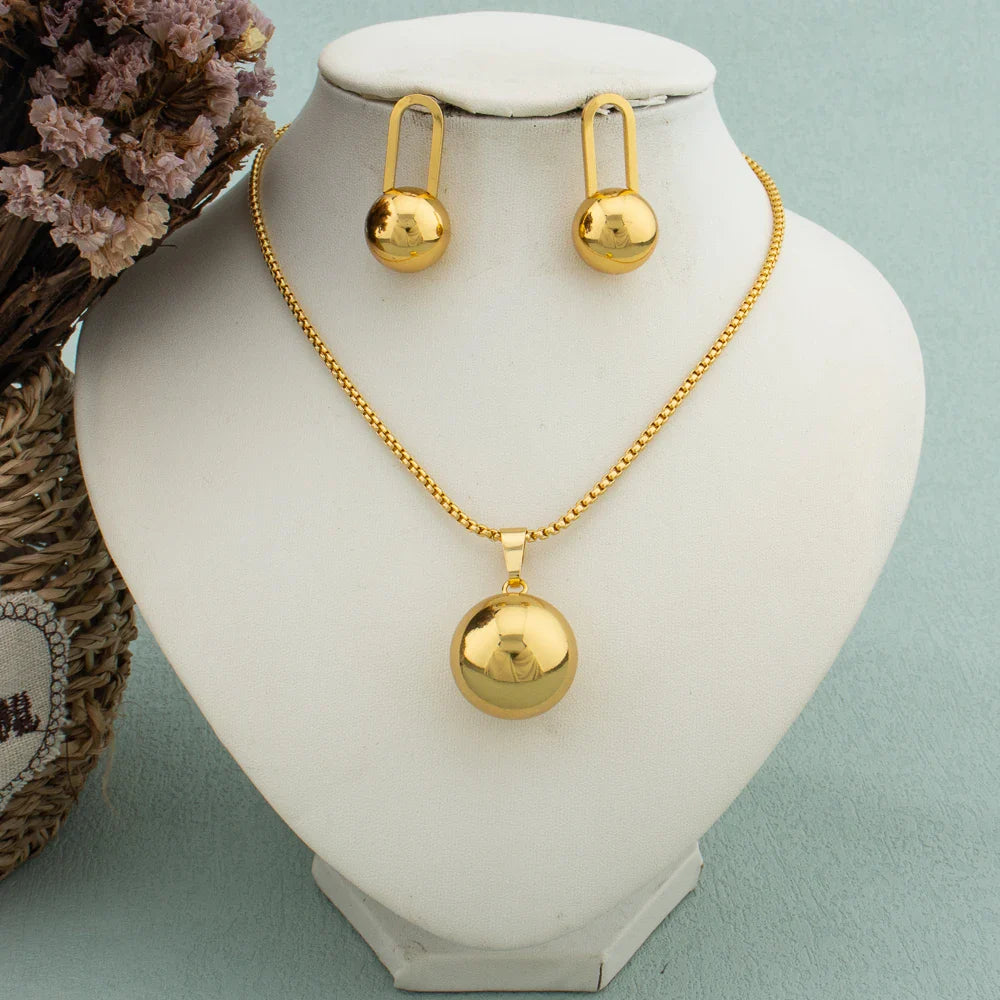 Simple Geometric Metal Necklace Earrings Set Globular Pendant for Women Stainless Steel Gold Plated Non-fade Trendy Jewelry Vera Lux