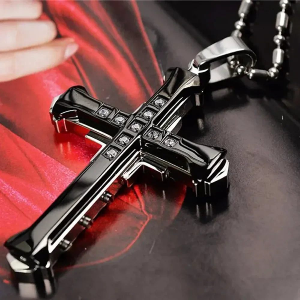 Men's Crystal Cross Pendant Necklace, Gold/Black/Blue Zirconia, Stainless Steel Jesus Cross Jewelry Vera Lux