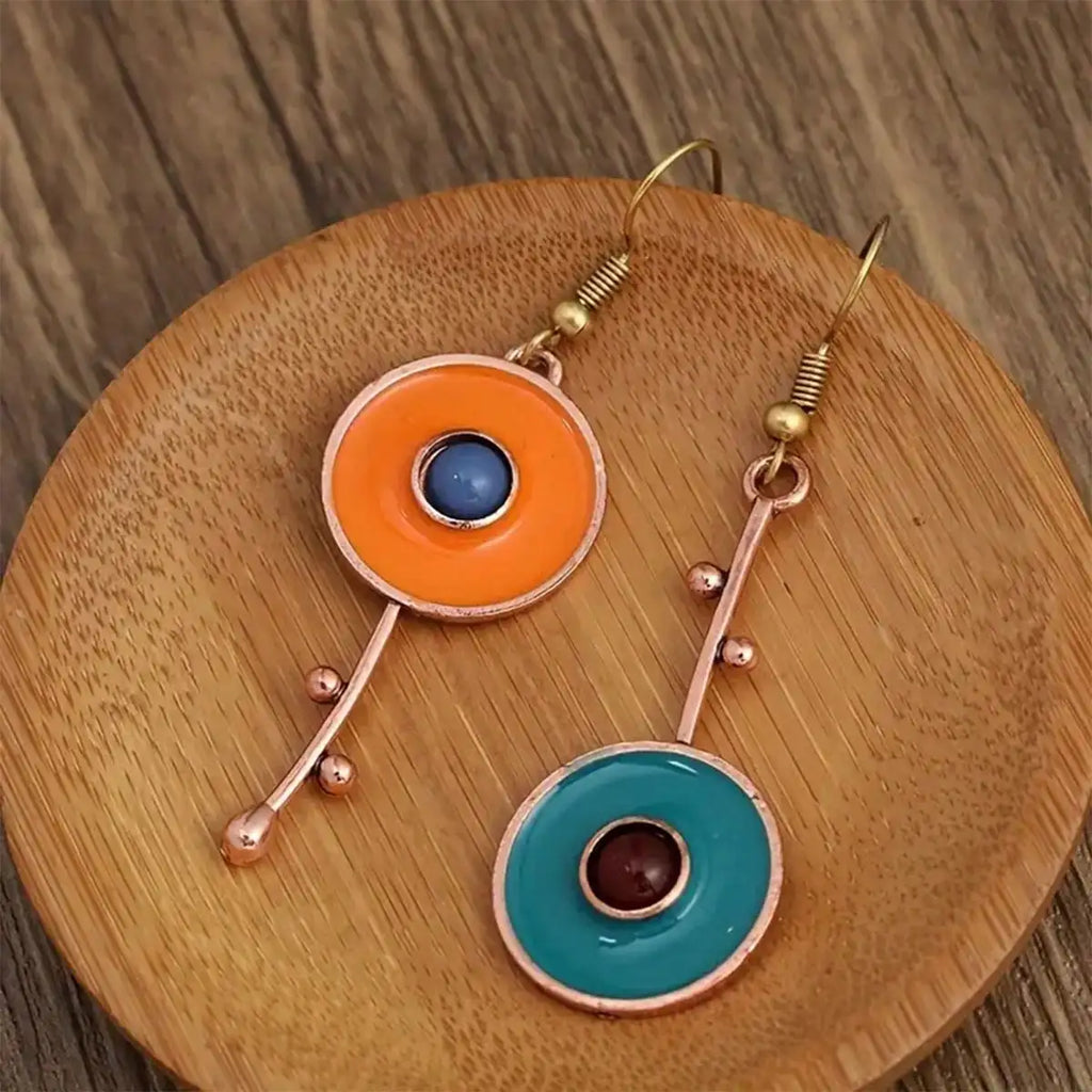 Bronze Metal Painting Pendant Earrings for Women's Ethnic Orange Blue Stone Personalized Earrings Jewelry Accessories Vera Lux