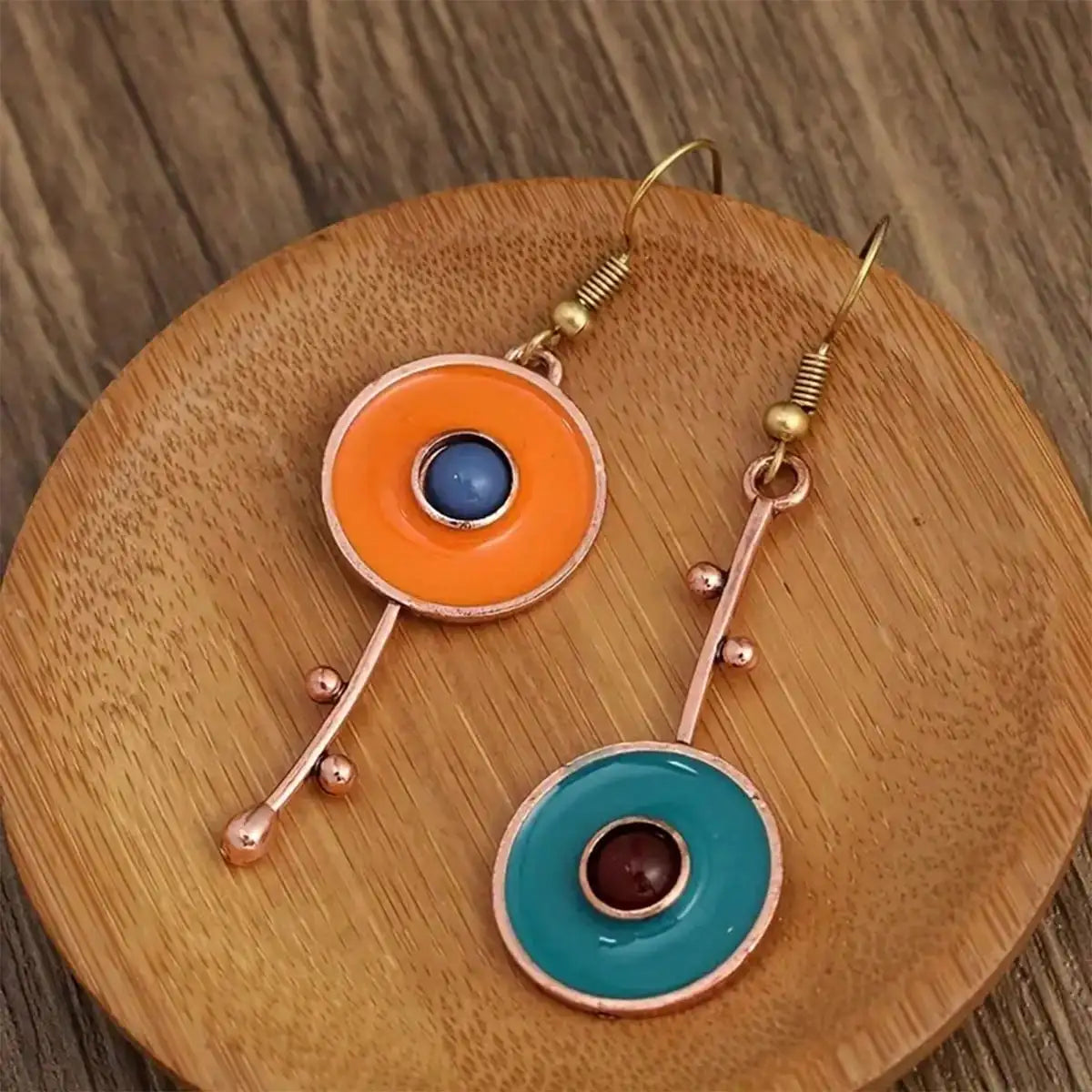 Bronze Metal Painting Pendant Earrings for Women's Ethnic Orange Blue Stone Personalized Earrings Jewelry Accessories Vera Lux