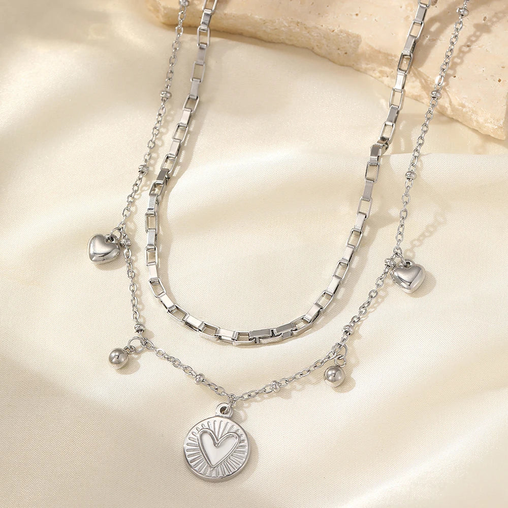 woiwoi Stainless Steel Necklace Luxury Exquisite Peach Heart Double Layer Bone Chain Ladies Jewelry Birthday Anniversary Gift Vera Lux