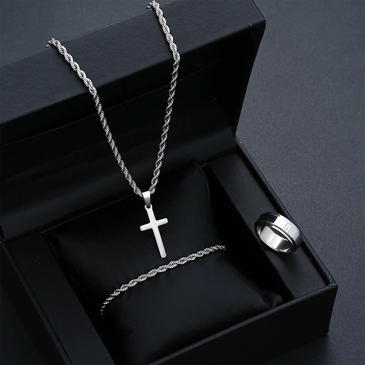 Stainless Steel Simple Jewelry Set For Men Women Fashion Silver Color Cross Pendant Twisted Rope Necklace Bracelets Ring Gifts Vera Lux