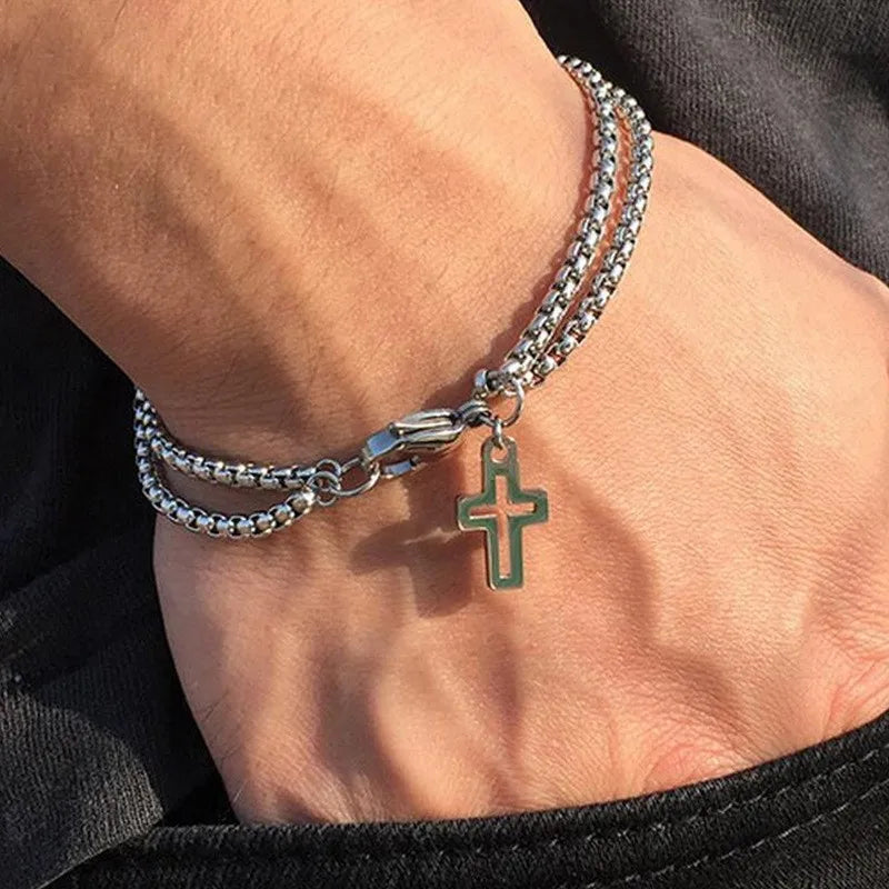 1pcs Bracelet Stainless Steel Thick Chain Cross Hollow Cross Pendant Double Bracelet Personality Niche High-grade Hand Jewelry Vera Lux