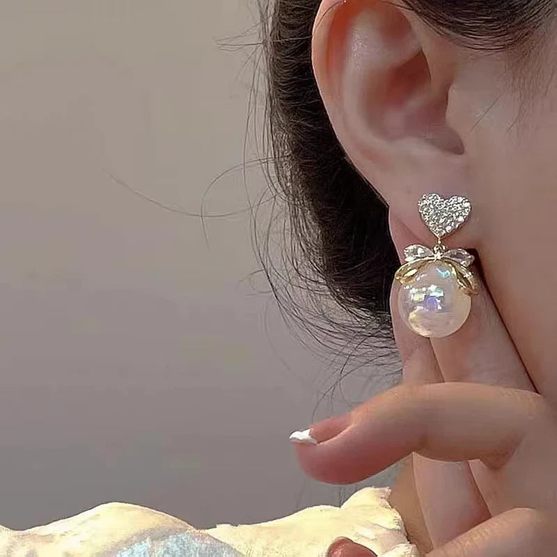 Korean Heart Drop Earrings For Women Girl Romantic Valentine's Day Gift Fashion Jewelry Trend Hanging Pearl Cute Bowknot Earring Vera Lux
