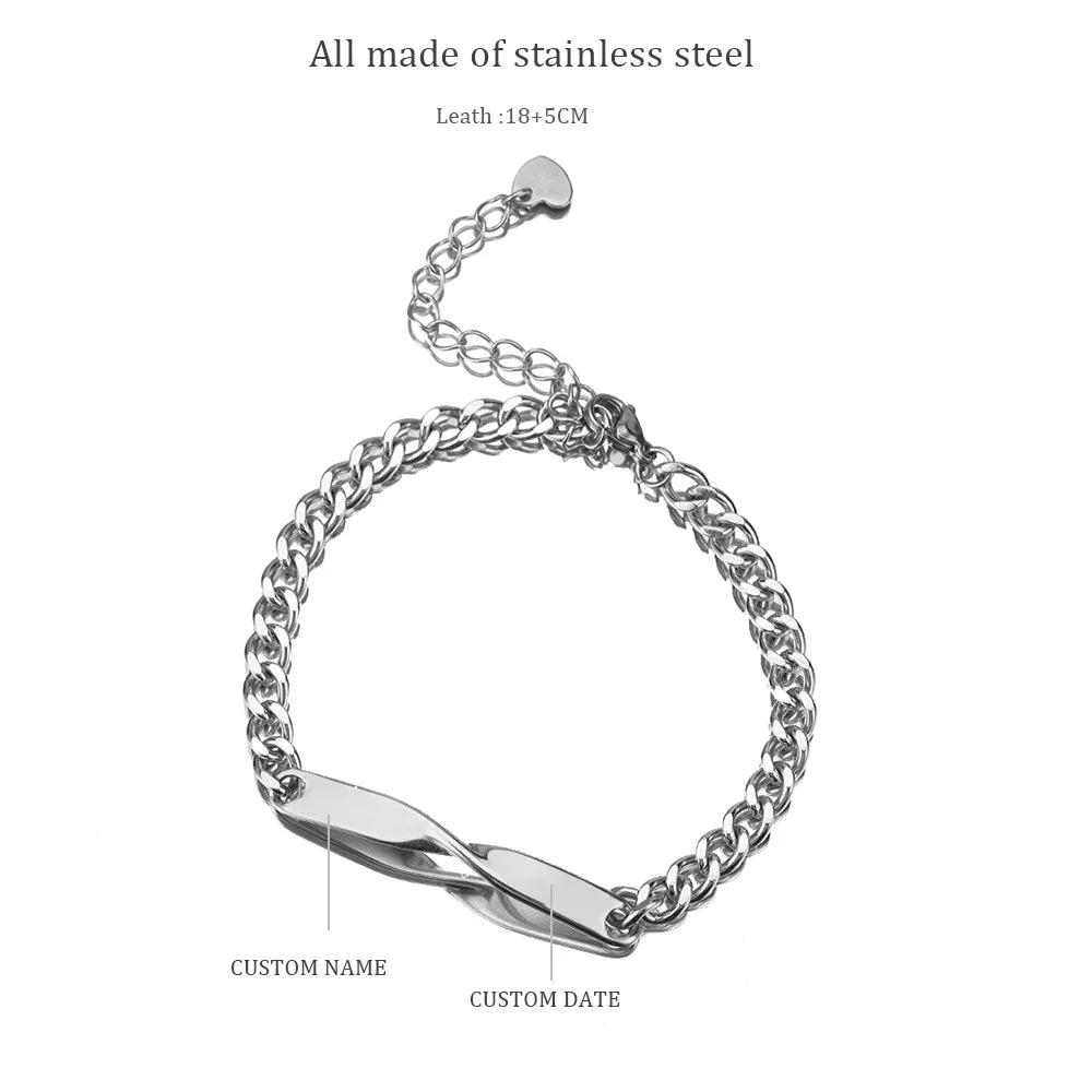 2pcs/set Titanium Steel Manufactured Mobius Couple Bracelet Customized Name Date Carved Bracelet Male and Female Jewelry Gifts Vera Lux