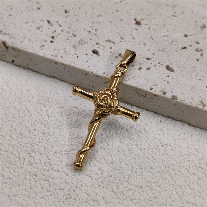 Waterproof Vintage 18k Gold Plated Stainless Steel Charm Rose Cross Pendant Necklace For Men Women Jewelry Gift Vera Lux