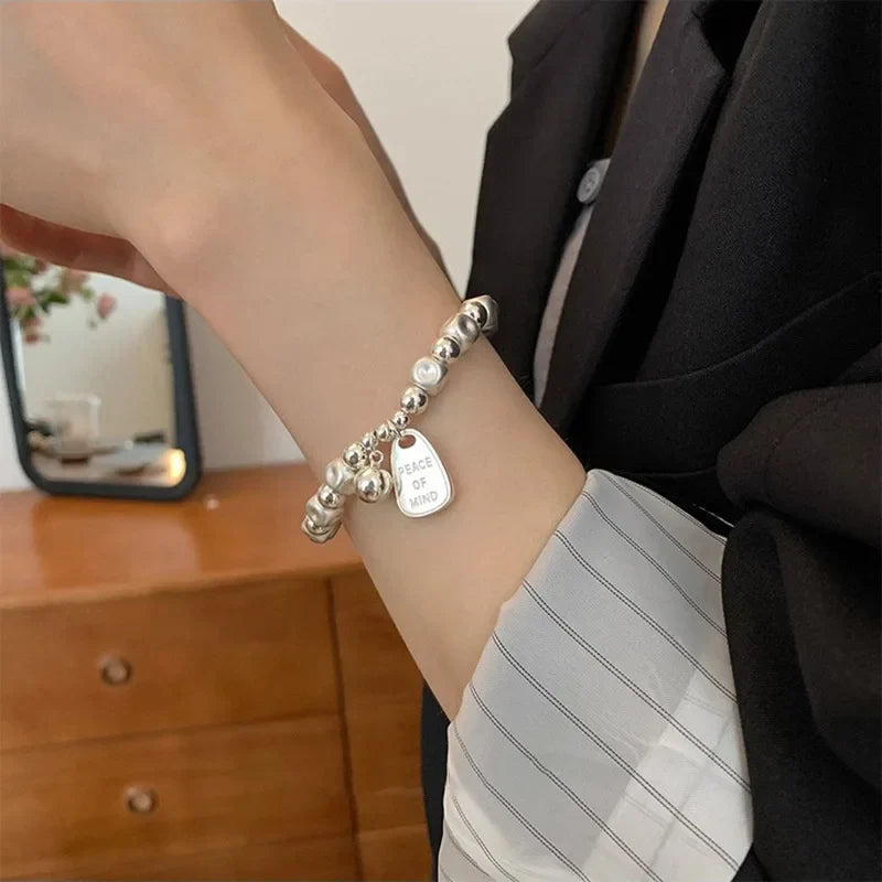 925 Sterling Silver Matte Finish Geometry Bracelet For Women Letter Bead Frosting Peace Jewelry Gifts Vera Lux