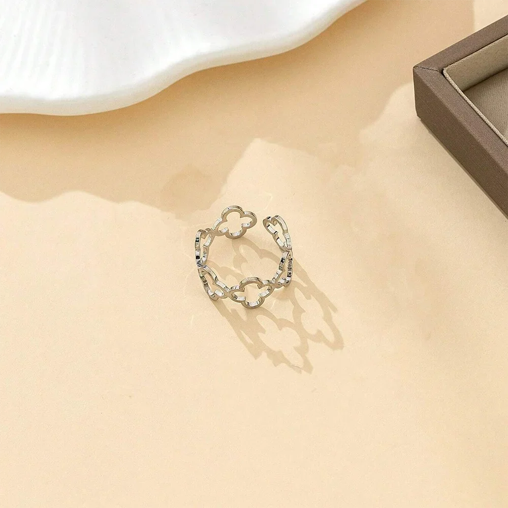 DOTIF Stainless Steel Lucky Hollow Four-Leaf Clover Ring Female Fashion Simple Opening Adjustable Finger Jewelry Party Gifts Vera Lux