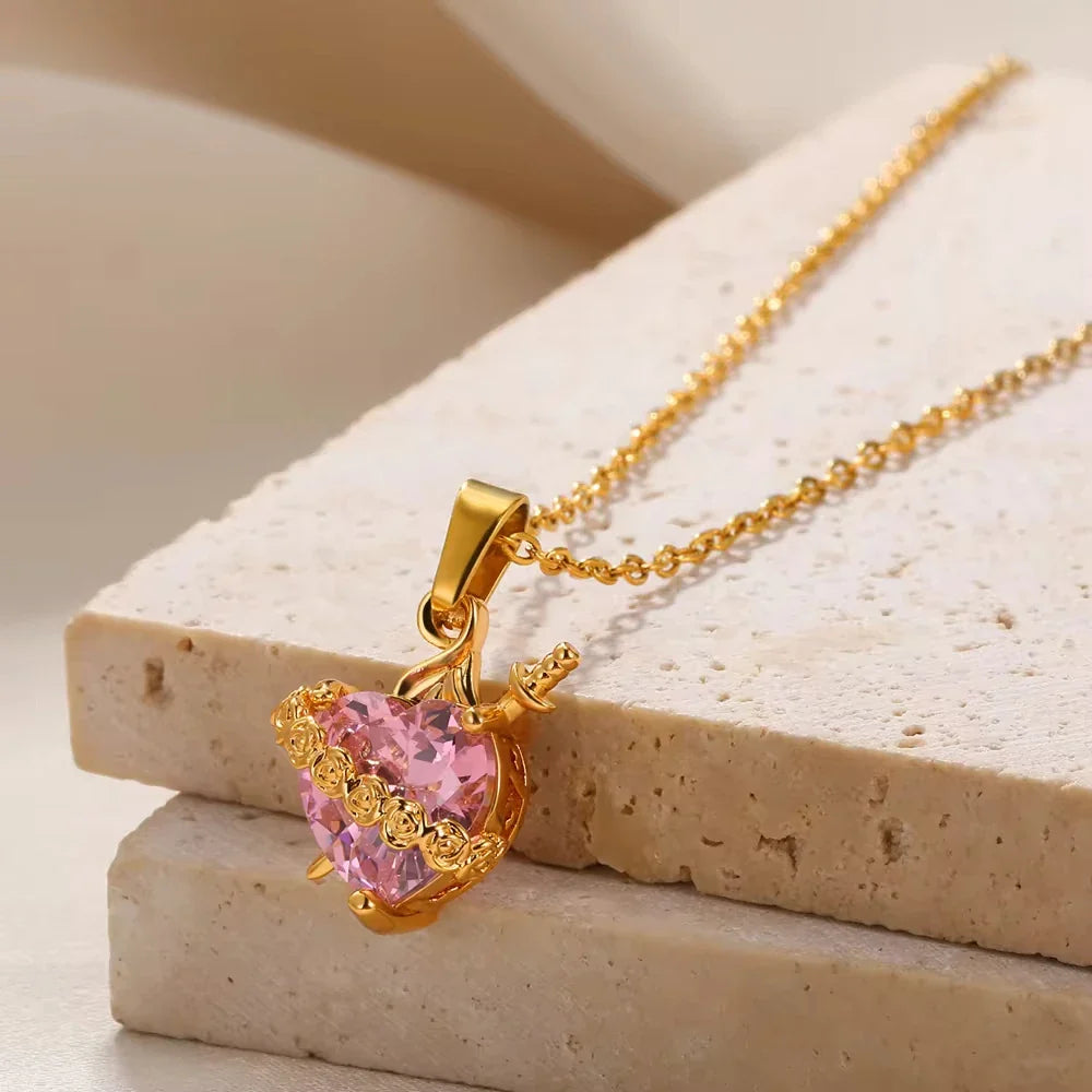 Pink Heart Zircon Necklace Gold Color Stainless Steel Cupid Eros Arrow Heart Pendant Necklace Korean Fashion Jewelry Girls Party Vera Lux