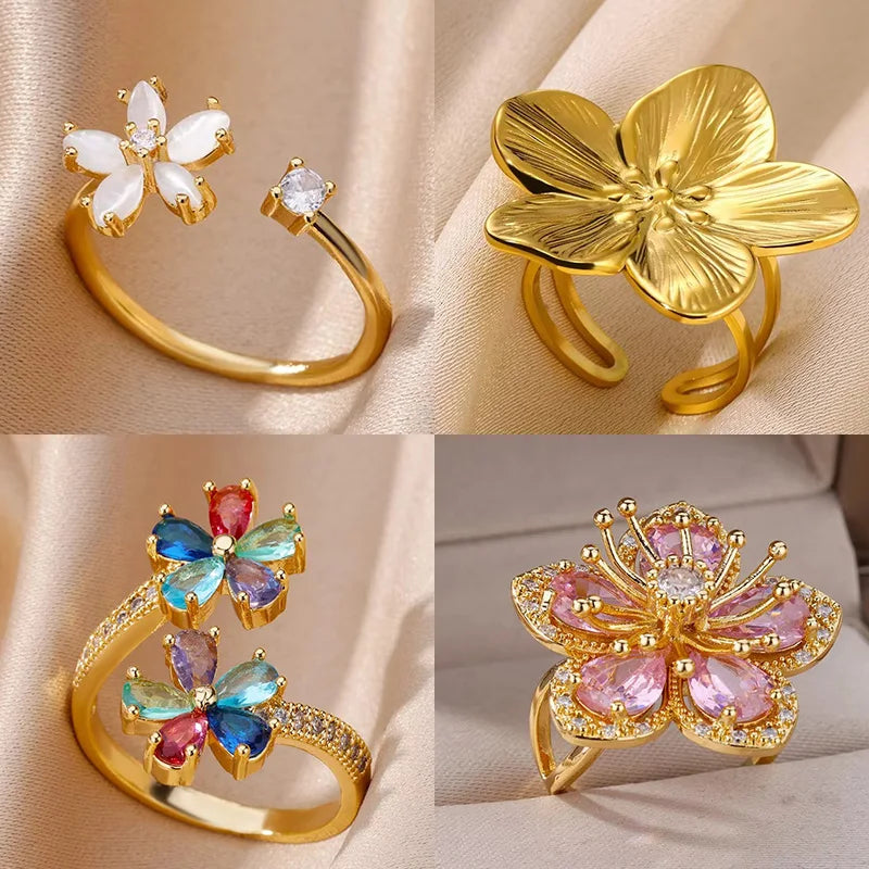 Colored Zircon Double Flower Rings For Women Gold Plated Stainless Steel Flower Opening Ring Wedding Aesthetic Jewelry Gift 2023 Vera Lux