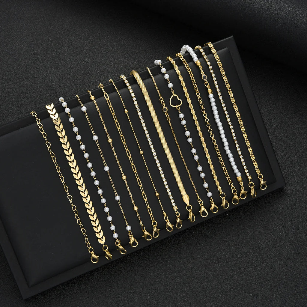 16pcs Minimalist Heart Pearl Rhinestone Snake Chain Bracelet Set for Women Elegant Gold Color Dates Vacations Daily Wear Jewelry Vera Lux
