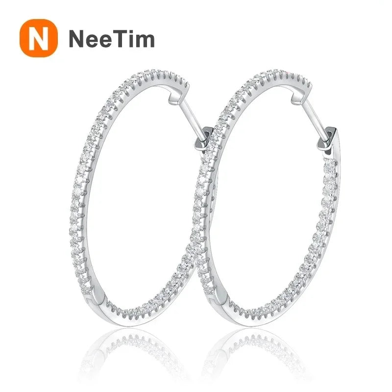 NeeTim Full D Color Moissanite hoop Earrings for Women 925 Sterling Silver with White Gold Plated Ear Studs Fine Jewelry Gift Vera Lux