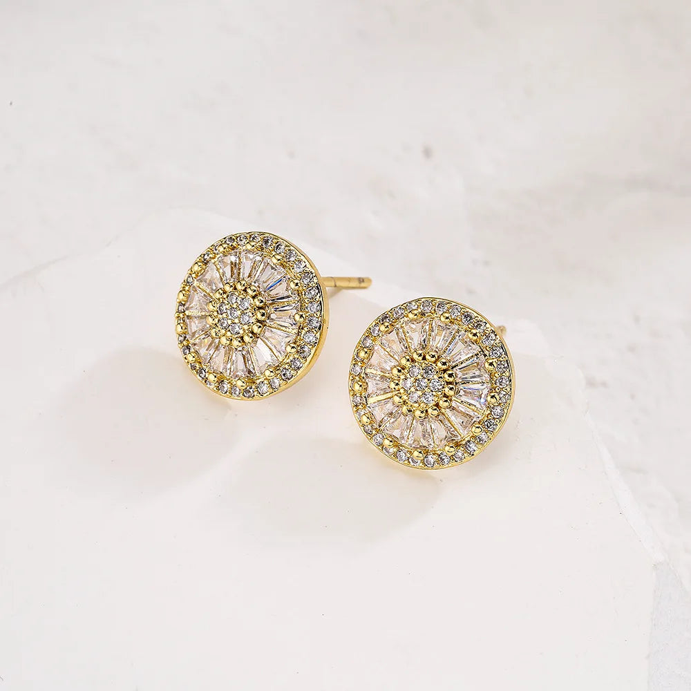 NEWBUY Luxury AAA Cubic Zirconia Pave Setting Copper Jewelry Gold Color Round Stud Earrings For Women Girl Vera Lux