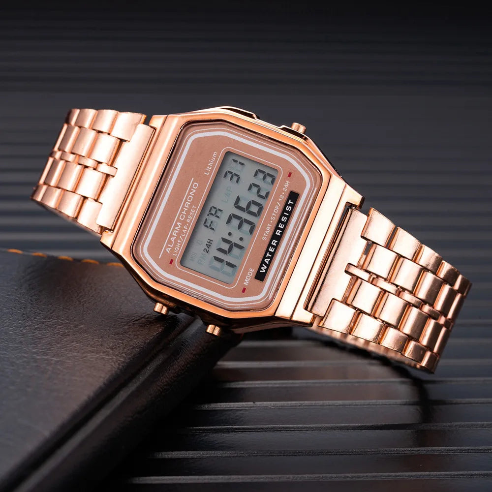Elegant Digital Watch For Women Gold Silver Stainless Steel Business Ladies Electronic Wrist Watches Man Clock Zegarek Damski Vera Lux